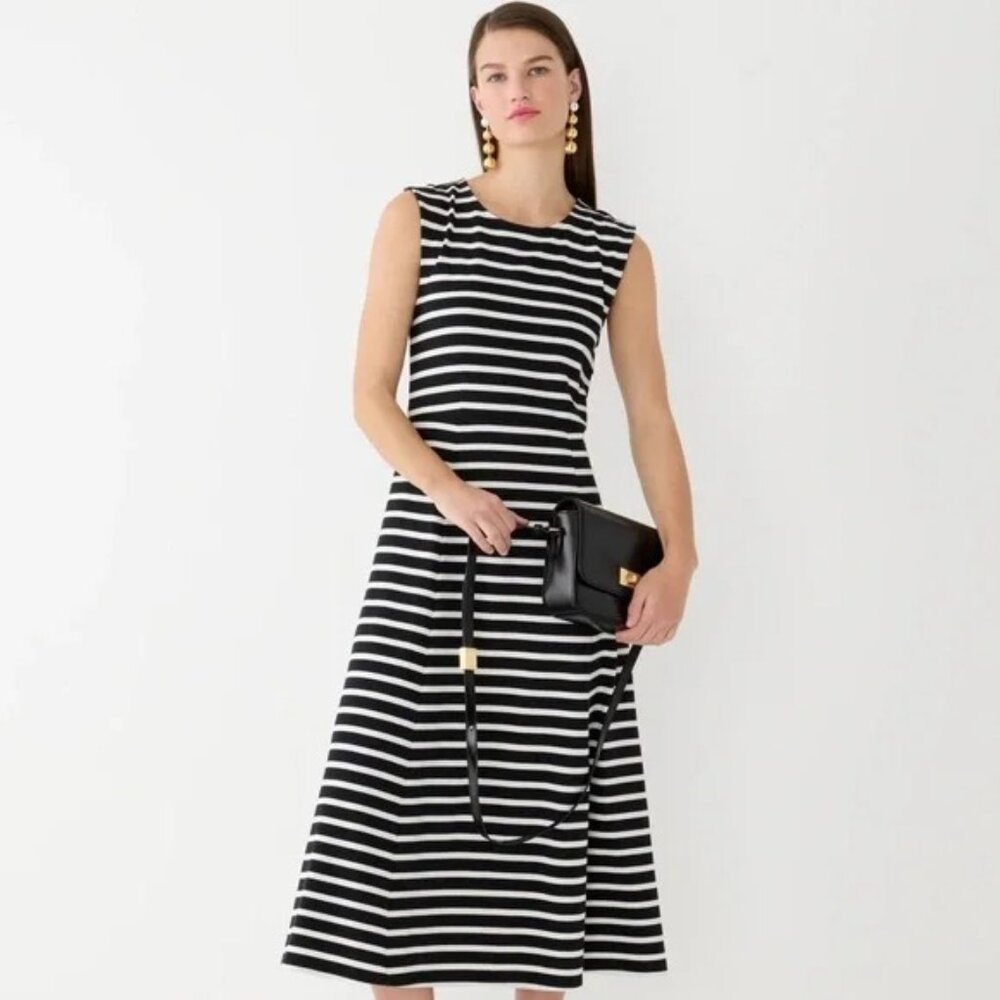 J. Crew Cap Sleeve Knit Midi Dress in Perfect Black Stripe Size XS NWT